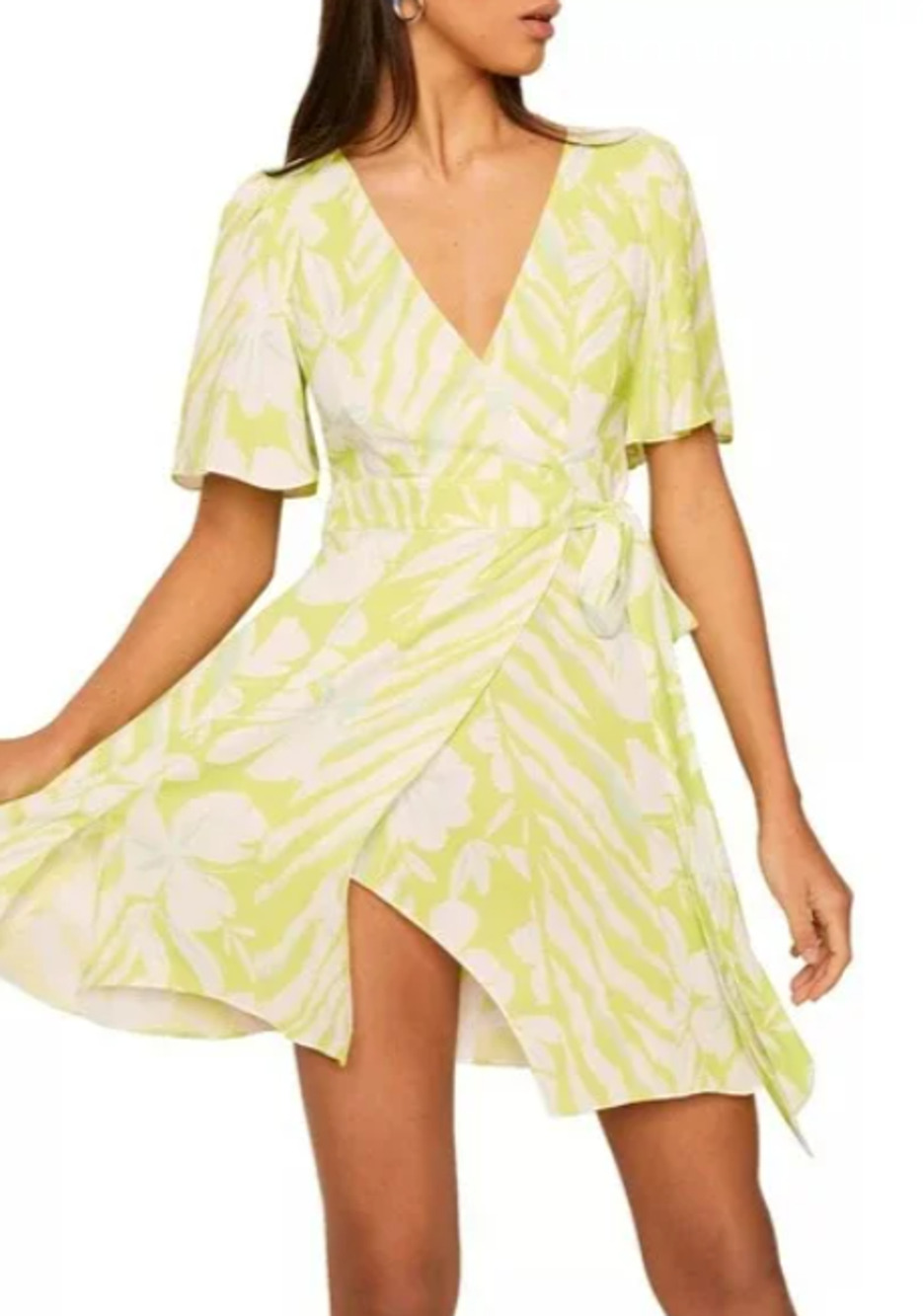 FRENCH CONNECTION Diah Crepe Wrap Dress Mini Size 6 Lime Punch